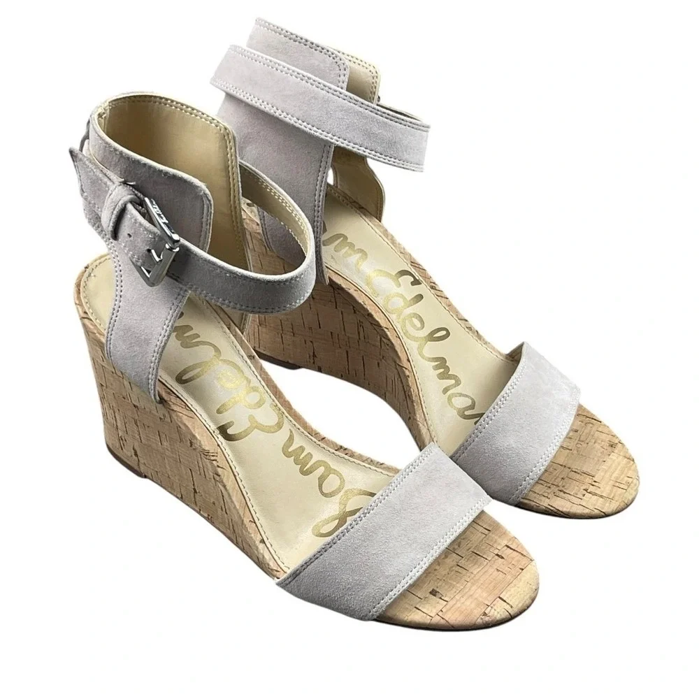 Sam Edelman Women Light Gray Suede Cork Wedge Sandals Size 6.5 Ankle Strap Shoes